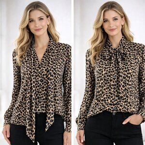 J. Crew Leopard Print Tie Neck Blouse Button Front Large